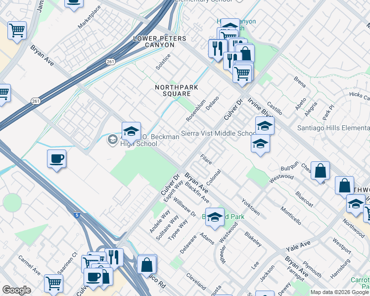 map of restaurants, bars, coffee shops, grocery stores, and more near 16 Salton in Irvine