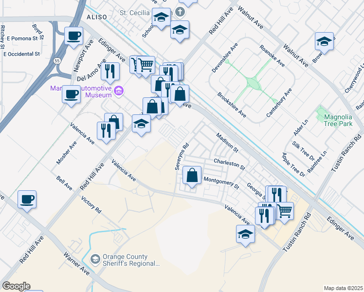 map of restaurants, bars, coffee shops, grocery stores, and more near 15213 York Street in Tustin