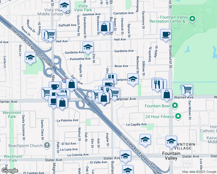 map of restaurants, bars, coffee shops, grocery stores, and more near 9440 Clover Avenue in Fountain Valley