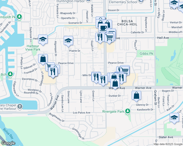map of restaurants, bars, coffee shops, grocery stores, and more near 16861 Green Lane in Huntington Beach
