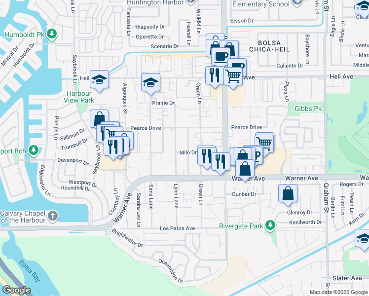 map of restaurants, bars, coffee shops, grocery stores, and more near 16862 Lynn Lane in Huntington Beach
