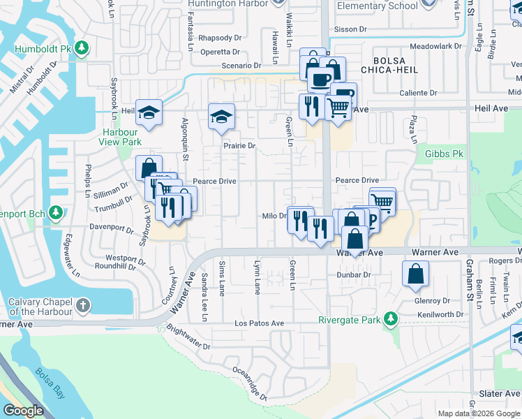map of restaurants, bars, coffee shops, grocery stores, and more near 16862 Lynn Lane in Huntington Beach
