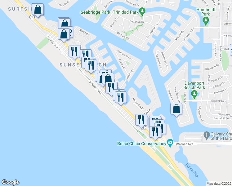 map of restaurants, bars, coffee shops, grocery stores, and more near 16873 California 1 in Huntington Beach