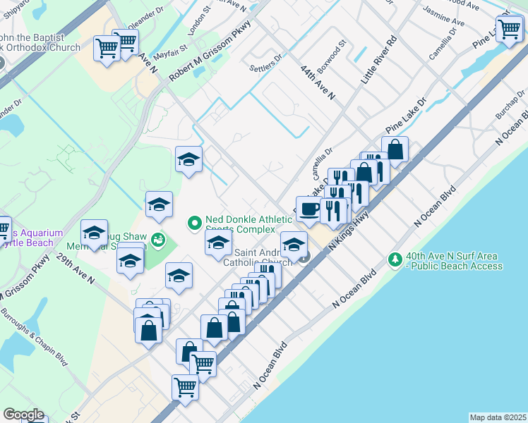 map of restaurants, bars, coffee shops, grocery stores, and more near 600 37th Avenue North in Myrtle Beach