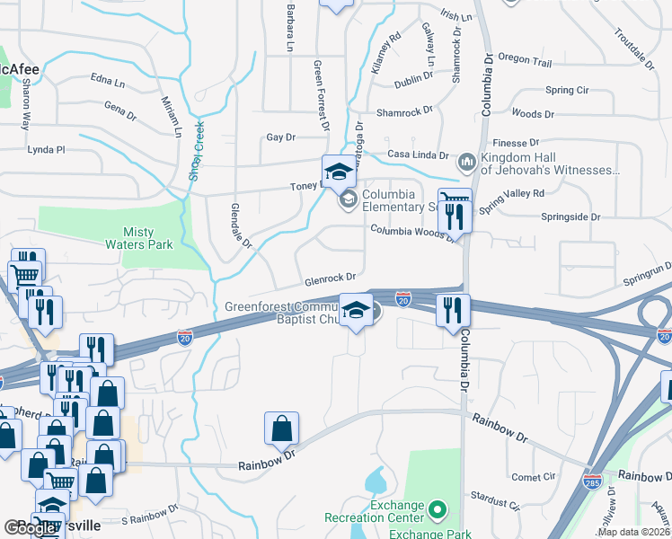 map of restaurants, bars, coffee shops, grocery stores, and more near 2450 Glenrock Drive in Decatur