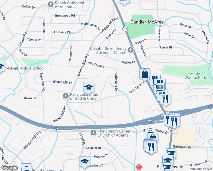 map of restaurants, bars, coffee shops, grocery stores, and more near 2432 Kelly Lake Drive in Decatur