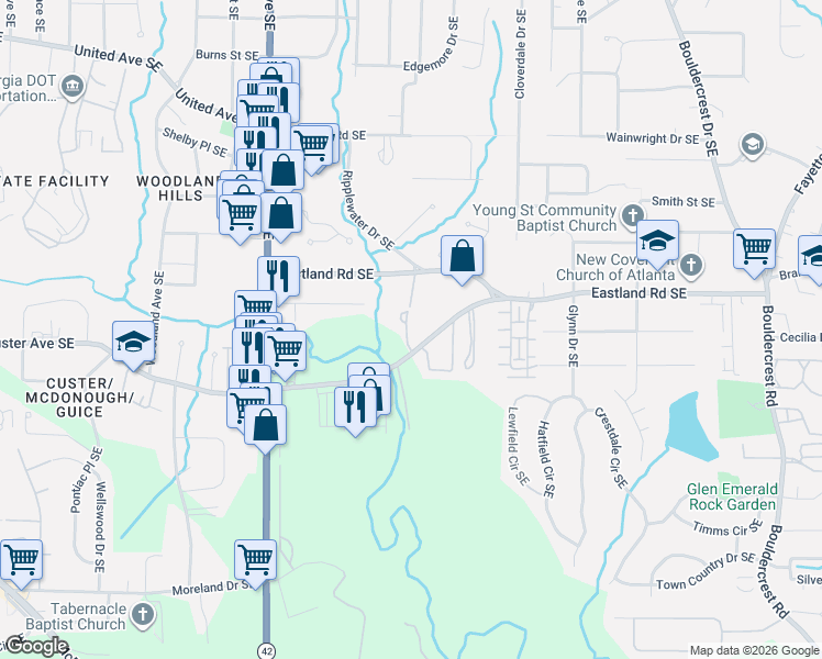 map of restaurants, bars, coffee shops, grocery stores, and more near 1316 Jandras Lane Southeast in Atlanta