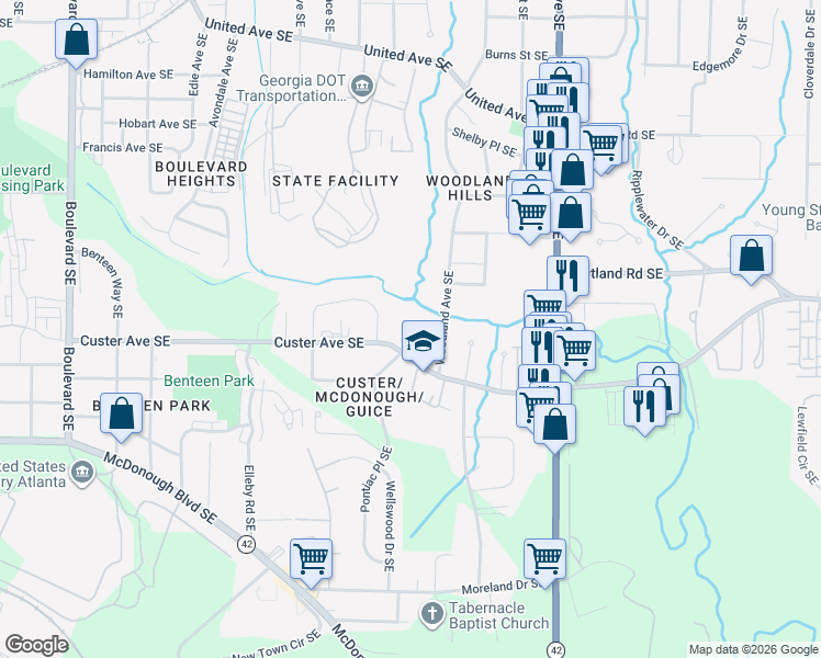 map of restaurants, bars, coffee shops, grocery stores, and more near 1385 Knob Hill Court Southeast in Atlanta