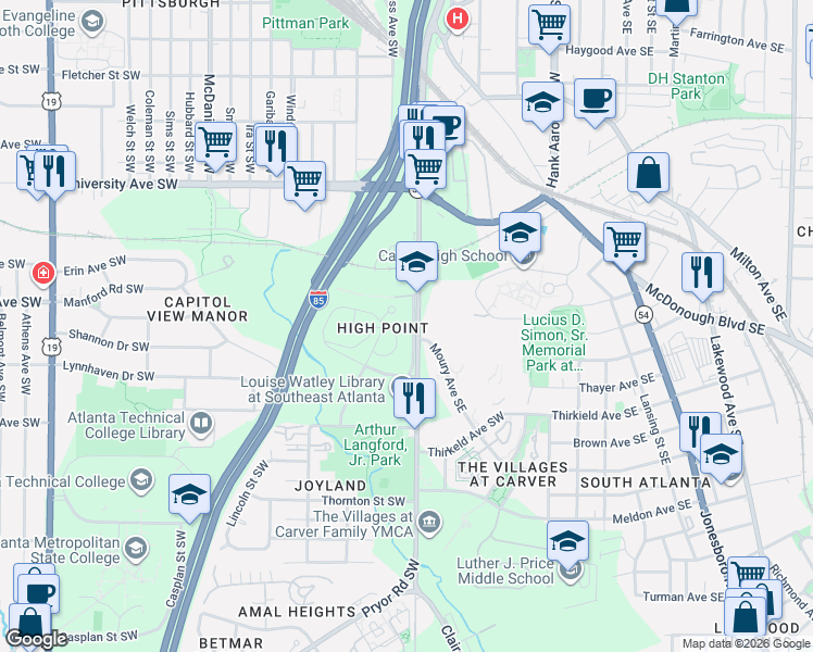 map of restaurants, bars, coffee shops, grocery stores, and more near in Atlanta