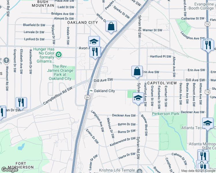 map of restaurants, bars, coffee shops, grocery stores, and more near 1067 Arden Avenue Southwest in Atlanta