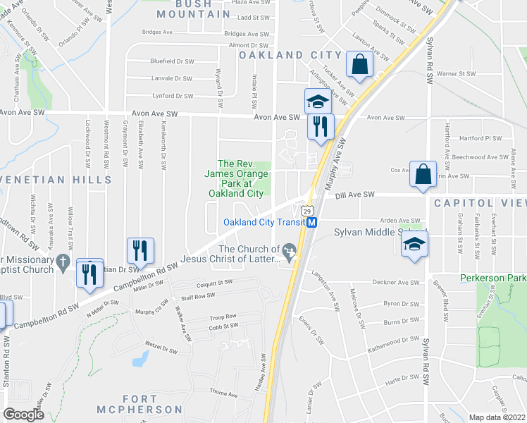 map of restaurants, bars, coffee shops, grocery stores, and more near 1388 Oakland Drive Southwest in Atlanta