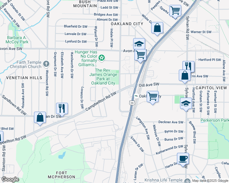 map of restaurants, bars, coffee shops, grocery stores, and more near 1388 Oakland Drive Southwest in Atlanta
