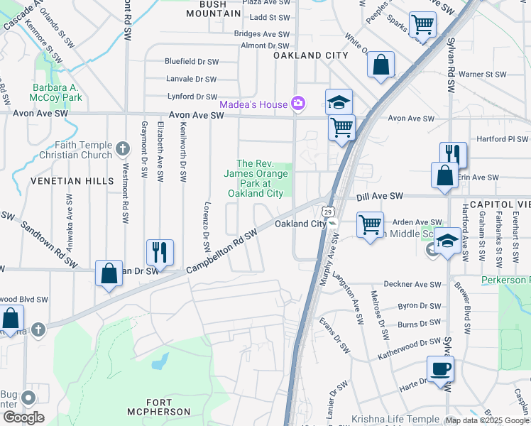 map of restaurants, bars, coffee shops, grocery stores, and more near 1250 Campbellton Road Southwest in Atlanta