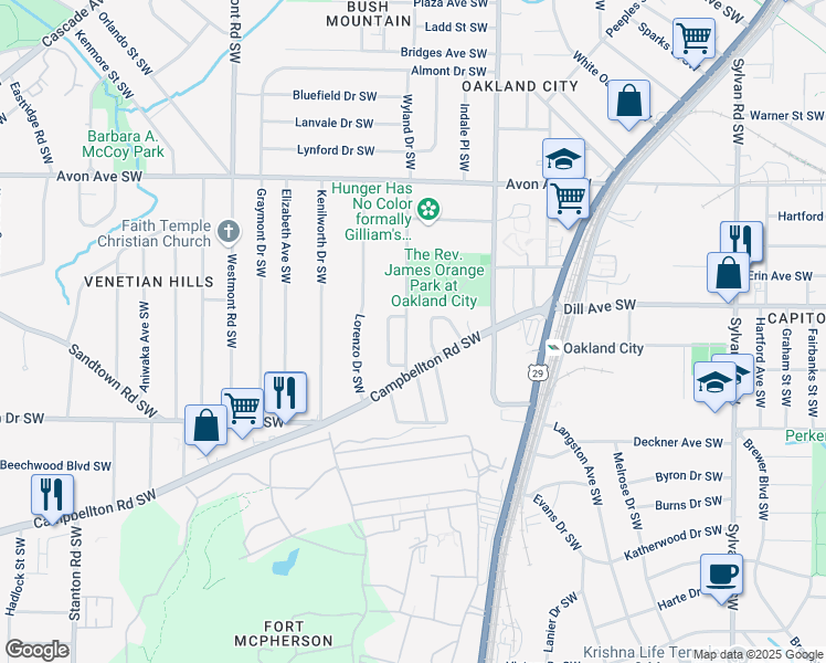 map of restaurants, bars, coffee shops, grocery stores, and more near 1396 Epworth Street Southwest in Atlanta