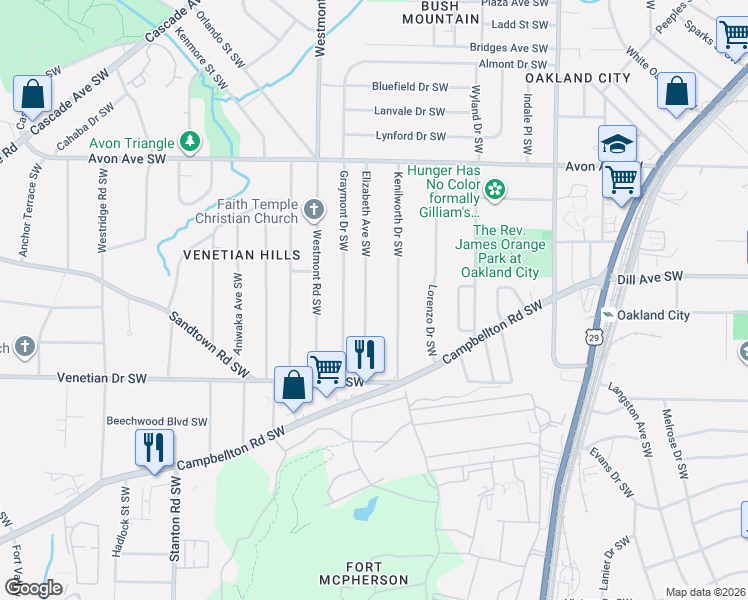 map of restaurants, bars, coffee shops, grocery stores, and more near 1362 Elizabeth Avenue Southwest in Atlanta