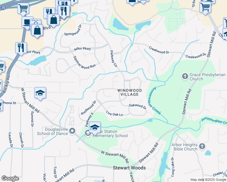 map of restaurants, bars, coffee shops, grocery stores, and more near 6701 Knollwood Circle in Douglasville