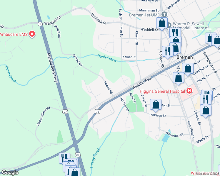 map of restaurants, bars, coffee shops, grocery stores, and more near 108 Sewell Road in Bremen