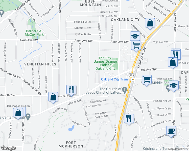 map of restaurants, bars, coffee shops, grocery stores, and more near 1375 Byrere Terrace Southwest in Atlanta