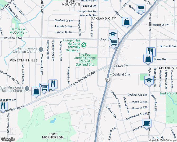 map of restaurants, bars, coffee shops, grocery stores, and more near 1222 Byewood Lane Southwest in Atlanta