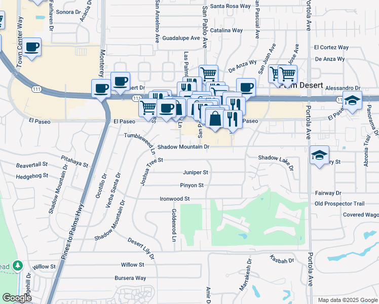 map of restaurants, bars, coffee shops, grocery stores, and more near 73415 Shadow Mountain Drive in Palm Desert