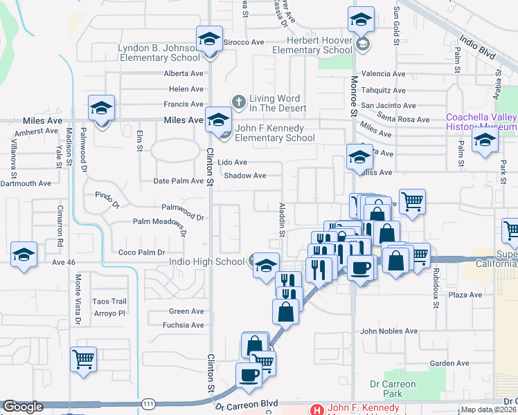 map of restaurants, bars, coffee shops, grocery stores, and more near 45530 Del Rey Avenue in Indio