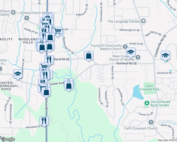 map of restaurants, bars, coffee shops, grocery stores, and more near 1401 Custer Avenue Southeast in Atlanta