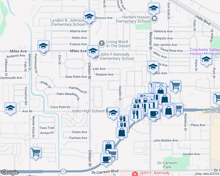 map of restaurants, bars, coffee shops, grocery stores, and more near 45530 Del Rey Avenue in Indio
