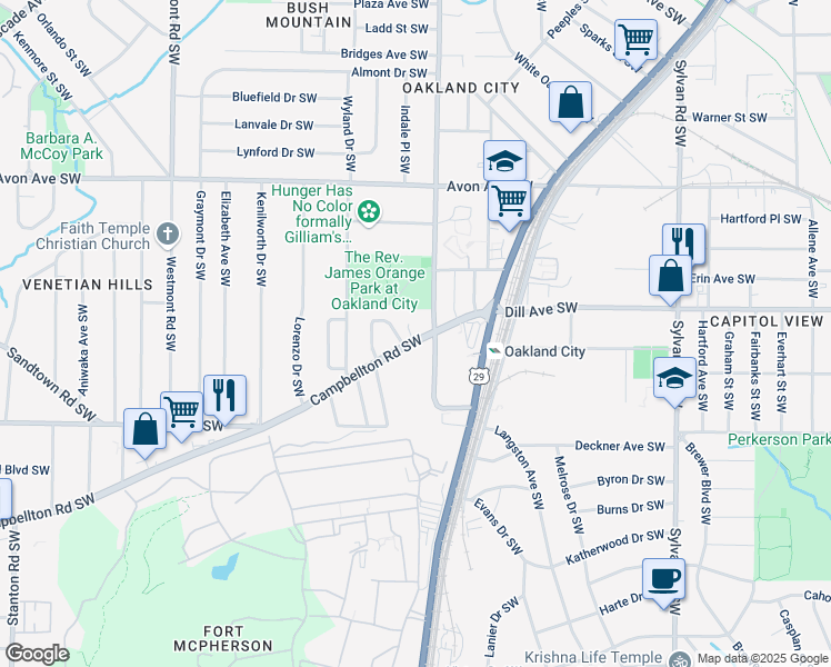 map of restaurants, bars, coffee shops, grocery stores, and more near 1388 Oakland Drive Southwest in Atlanta