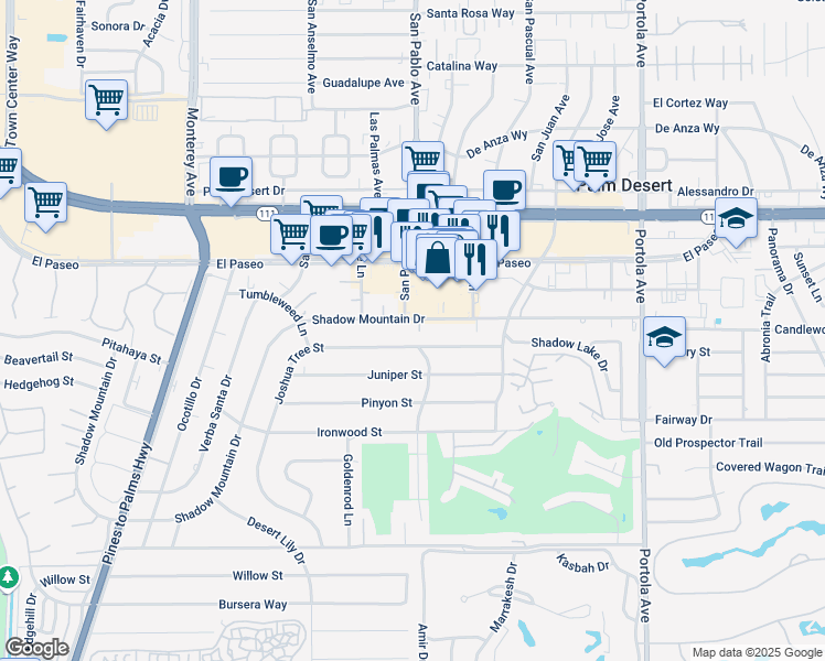 map of restaurants, bars, coffee shops, grocery stores, and more near 73535 Joshua Tree Street in Palm Desert