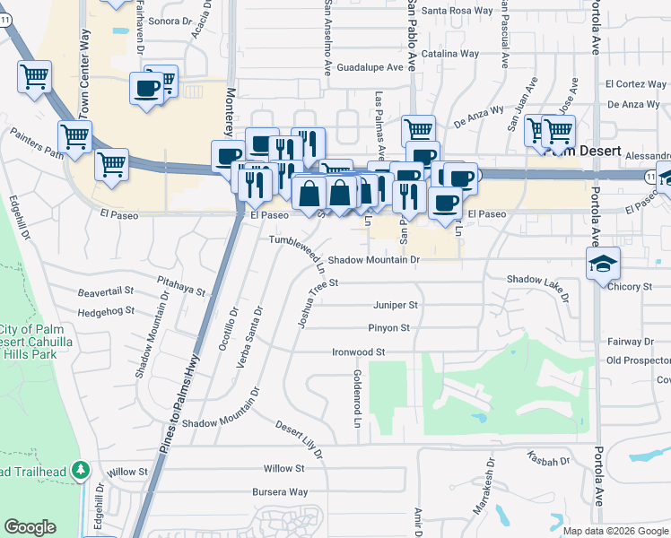 map of restaurants, bars, coffee shops, grocery stores, and more near 73265 Shadow Mountain Drive in Palm Desert