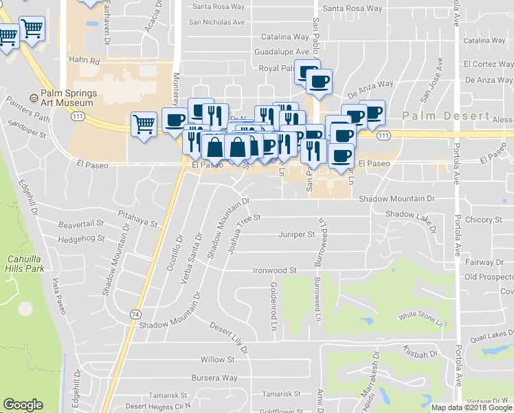map of restaurants, bars, coffee shops, grocery stores, and more near 73265 Shadow Mountain Drive in Palm Desert
