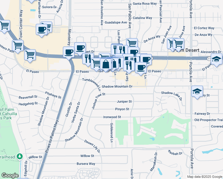 map of restaurants, bars, coffee shops, grocery stores, and more near 73348 Joshua Tree Street in Palm Desert