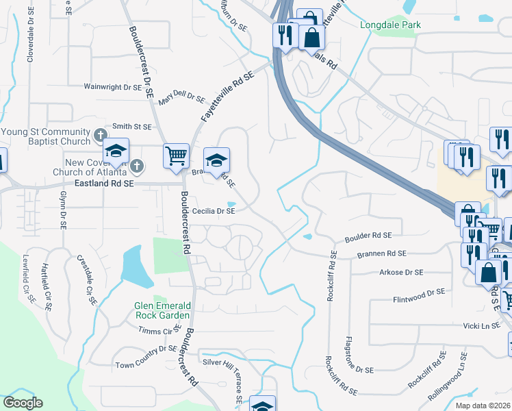 map of restaurants, bars, coffee shops, grocery stores, and more near 1933 Brannen Road Southeast in Atlanta