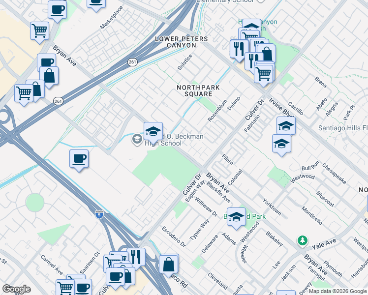 map of restaurants, bars, coffee shops, grocery stores, and more near 6 Idyllwild in Irvine