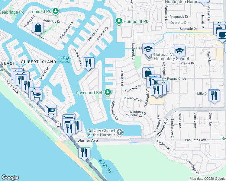 map of restaurants, bars, coffee shops, grocery stores, and more near 4082 Diablo Circle in Huntington Beach