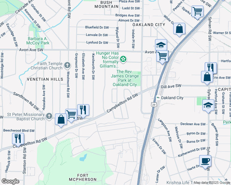 map of restaurants, bars, coffee shops, grocery stores, and more near 1373 Epworth Street Southwest in Atlanta
