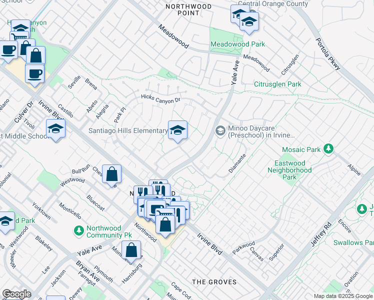 map of restaurants, bars, coffee shops, grocery stores, and more near 1 Ninos in Irvine
