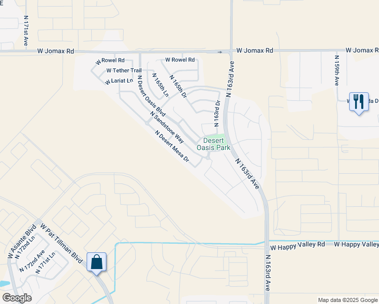 map of restaurants, bars, coffee shops, grocery stores, and more near 25637 North Desert Mesa Drive in Surprise