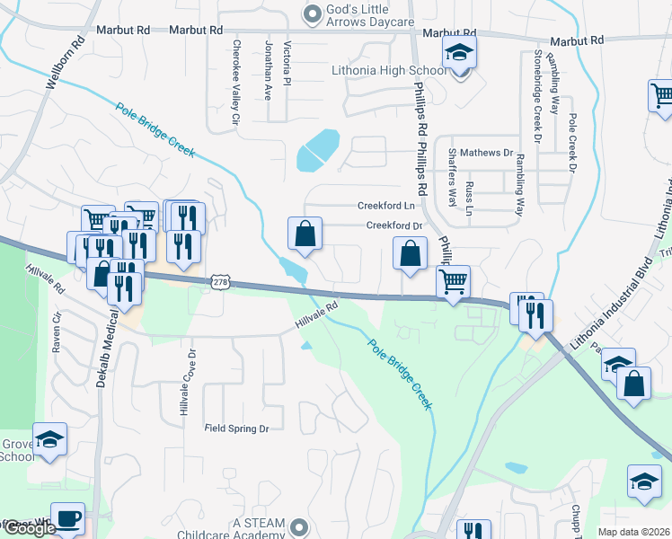 map of restaurants, bars, coffee shops, grocery stores, and more near 2384 Wellington Circle in Lithonia