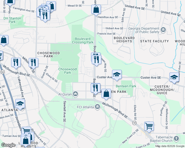map of restaurants, bars, coffee shops, grocery stores, and more near 1369-1399 Boulevard SE in Atlanta