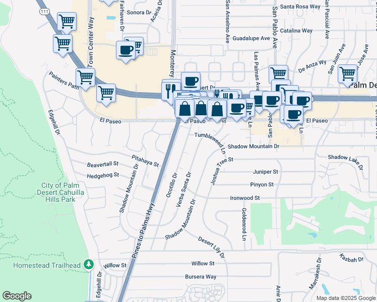 map of restaurants, bars, coffee shops, grocery stores, and more near 45631 Verba Santa Drive in Palm Desert
