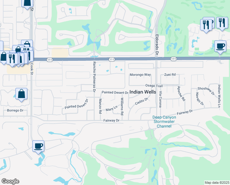 map of restaurants, bars, coffee shops, grocery stores, and more near 45570 Desierto Drive in Indian Wells