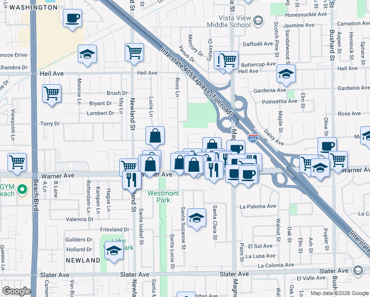 map of restaurants, bars, coffee shops, grocery stores, and more near 16882 Ross Lane in Huntington Beach