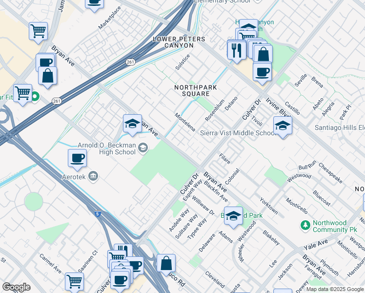 map of restaurants, bars, coffee shops, grocery stores, and more near 12 Idyllwild in Irvine