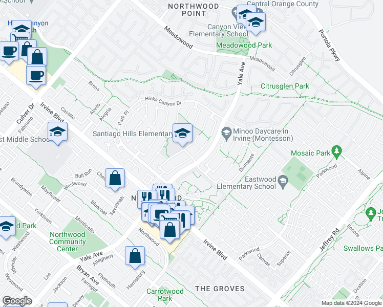 map of restaurants, bars, coffee shops, grocery stores, and more near 1 Ninos in Irvine