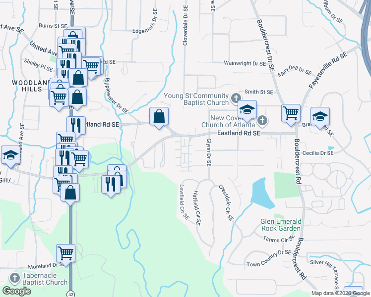 map of restaurants, bars, coffee shops, grocery stores, and more near 1353 Shackleford Drive in Atlanta