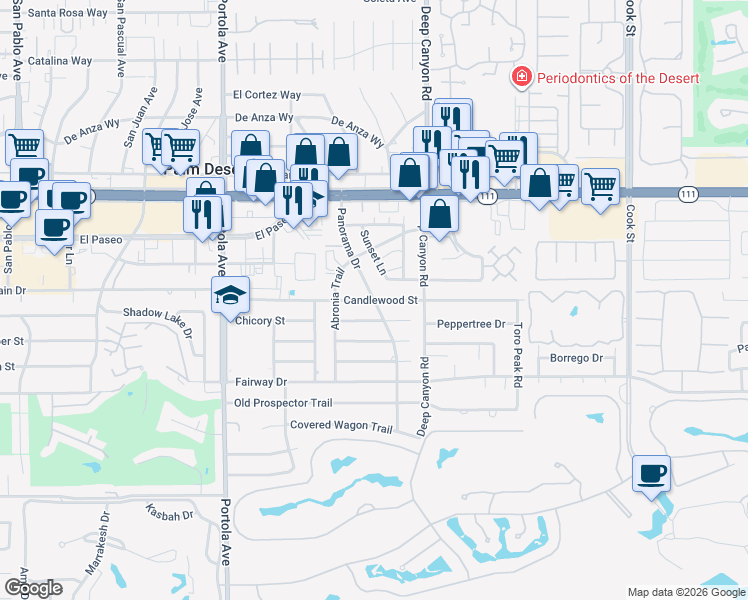 map of restaurants, bars, coffee shops, grocery stores, and more near Panorama Dr & Candlewood St in Palm Desert