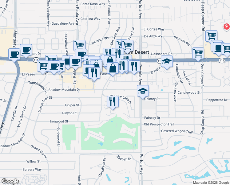 map of restaurants, bars, coffee shops, grocery stores, and more near 73775 Shadow Lake Drive in Palm Desert
