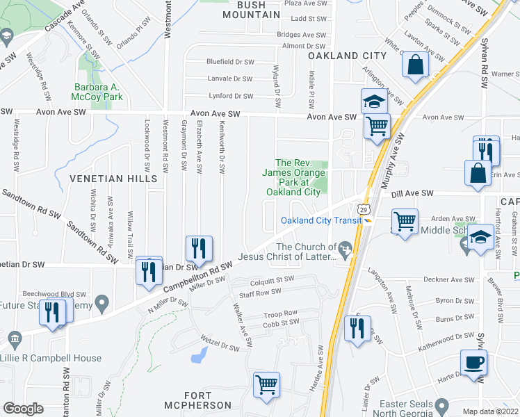 map of restaurants, bars, coffee shops, grocery stores, and more near 1373 Byrere Terrace Southwest in Atlanta