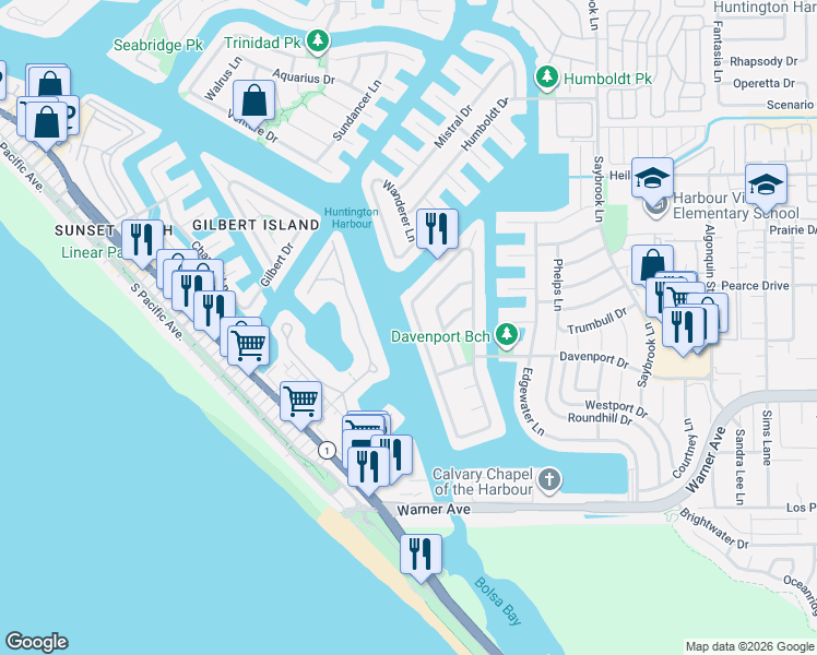 map of restaurants, bars, coffee shops, grocery stores, and more near 16672 Somerset Lane in Huntington Beach
